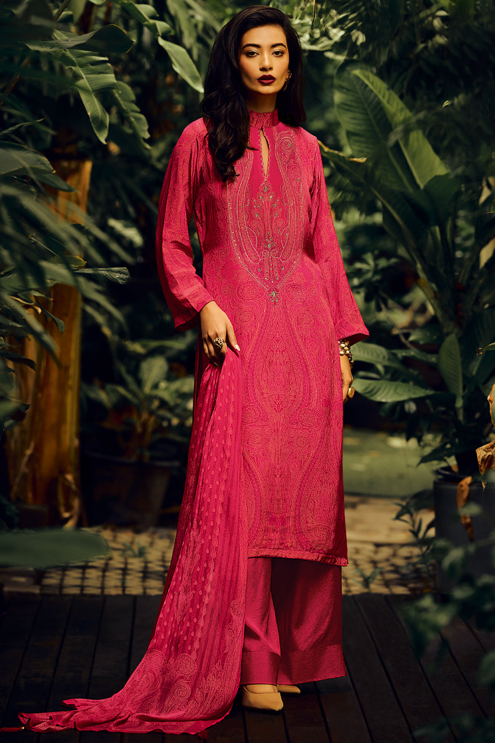 Fuchsia Pink Color Digital Printed Spun Unstitched Suit Material