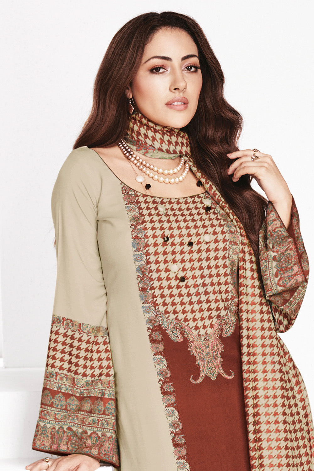Brown & Beige Kashmiri Paisley Printed Unstitched Suits Material