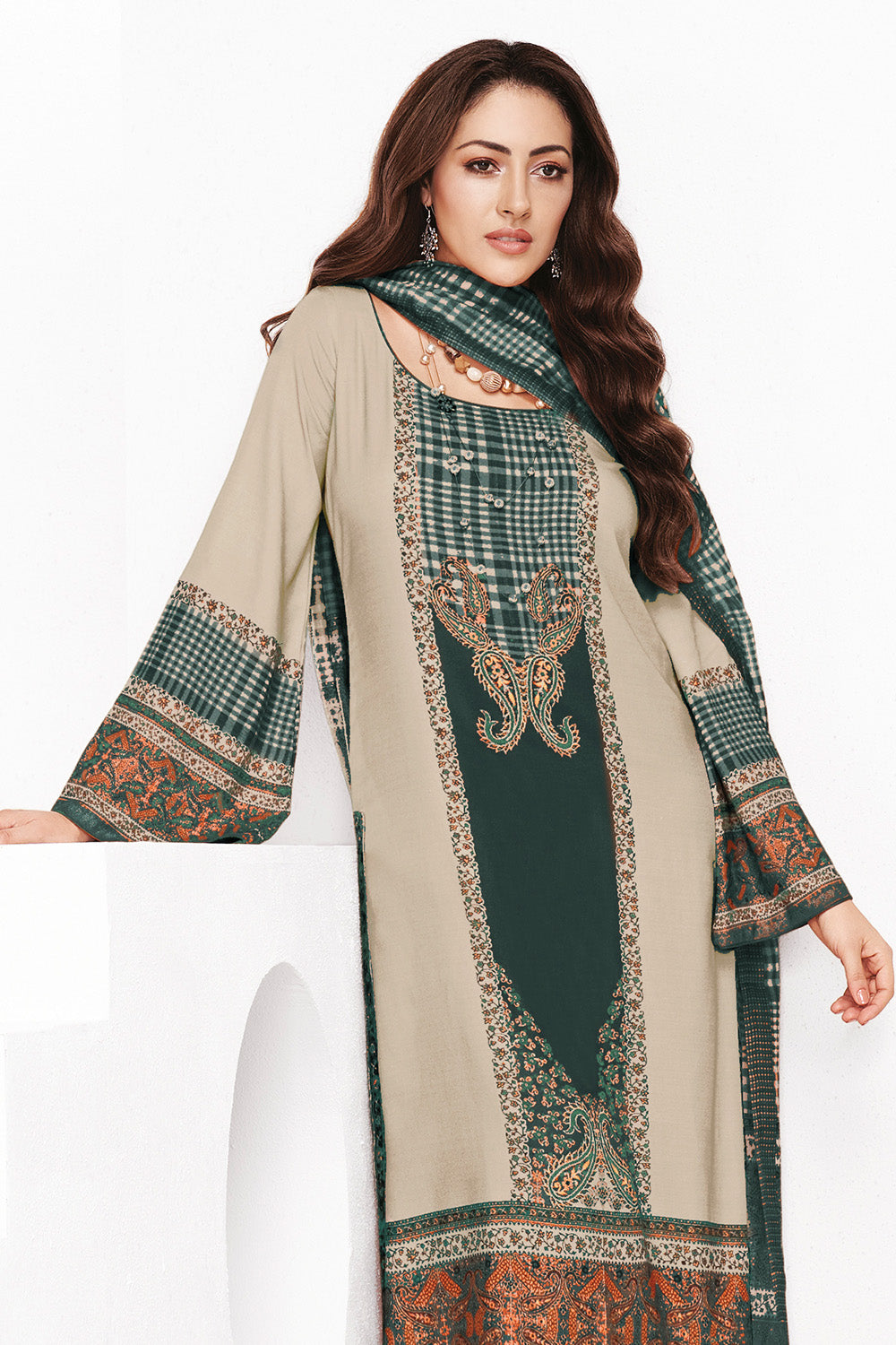 Grey & Beige Kashmiri Paisley Printed Unstitched Suits Material