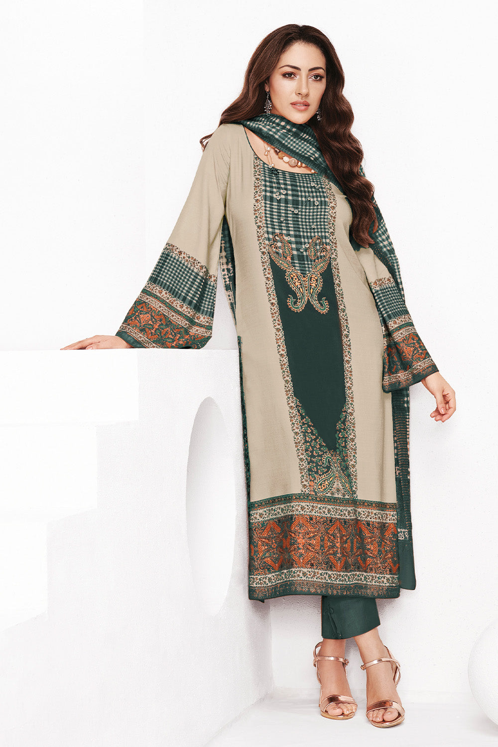 Grey & Beige Kashmiri Paisley Printed Unstitched Suits Material
