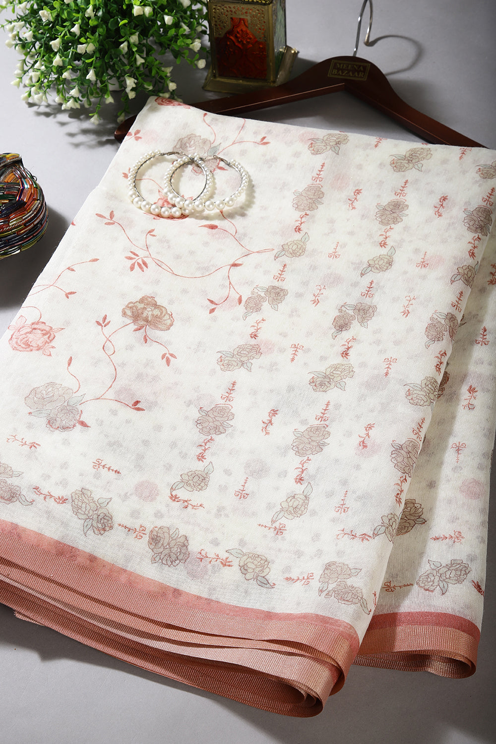 Cream & Peach Color Floral Printed Organza Cotton Saree