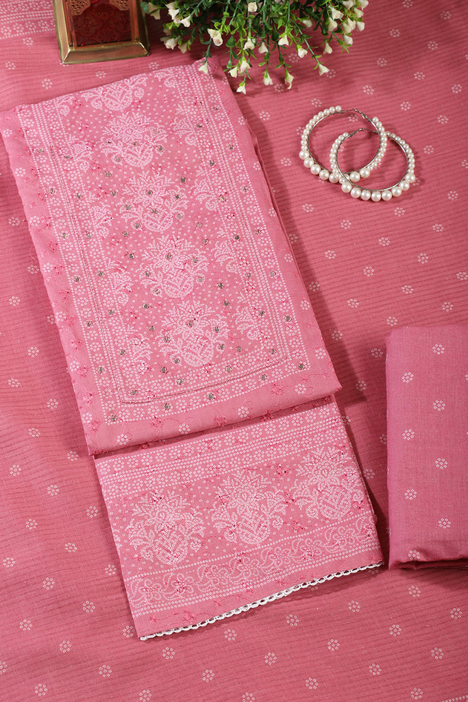 Dusty Pink Color Resham & Mirror Embroidered Cotton Unstitched Suit Fabric