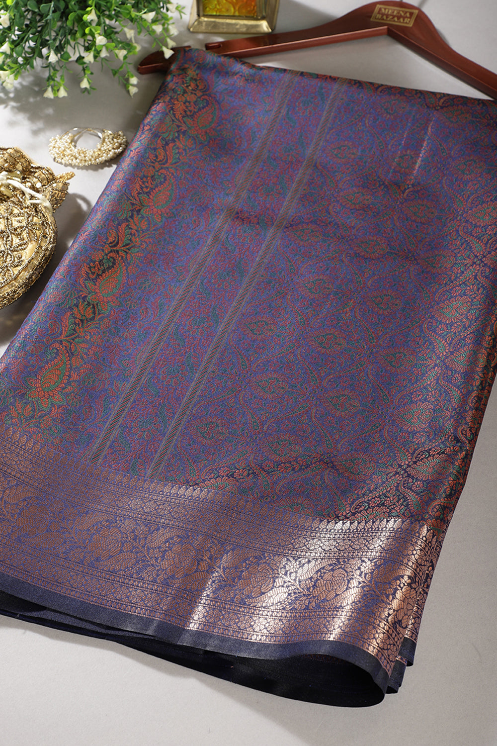 Blue Paper Silk Floral and Paisley Resham & Zari Woven Saree