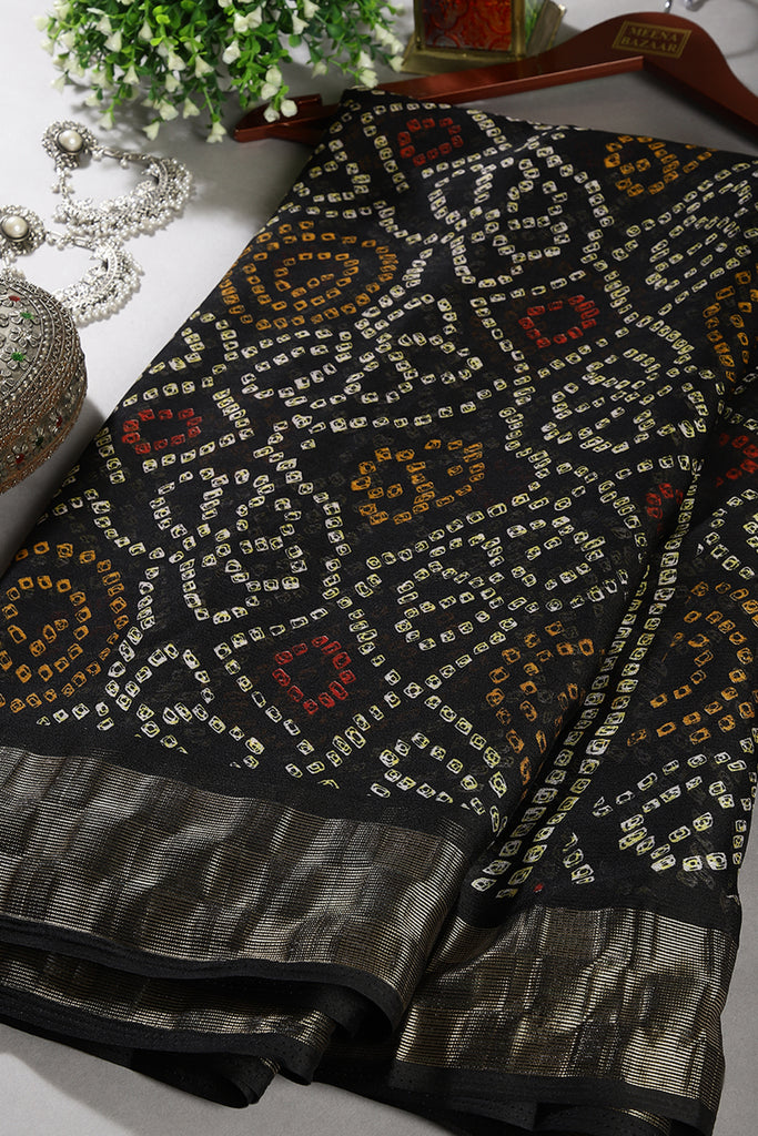 Black Color Chiffon Bandhani Printed Saree