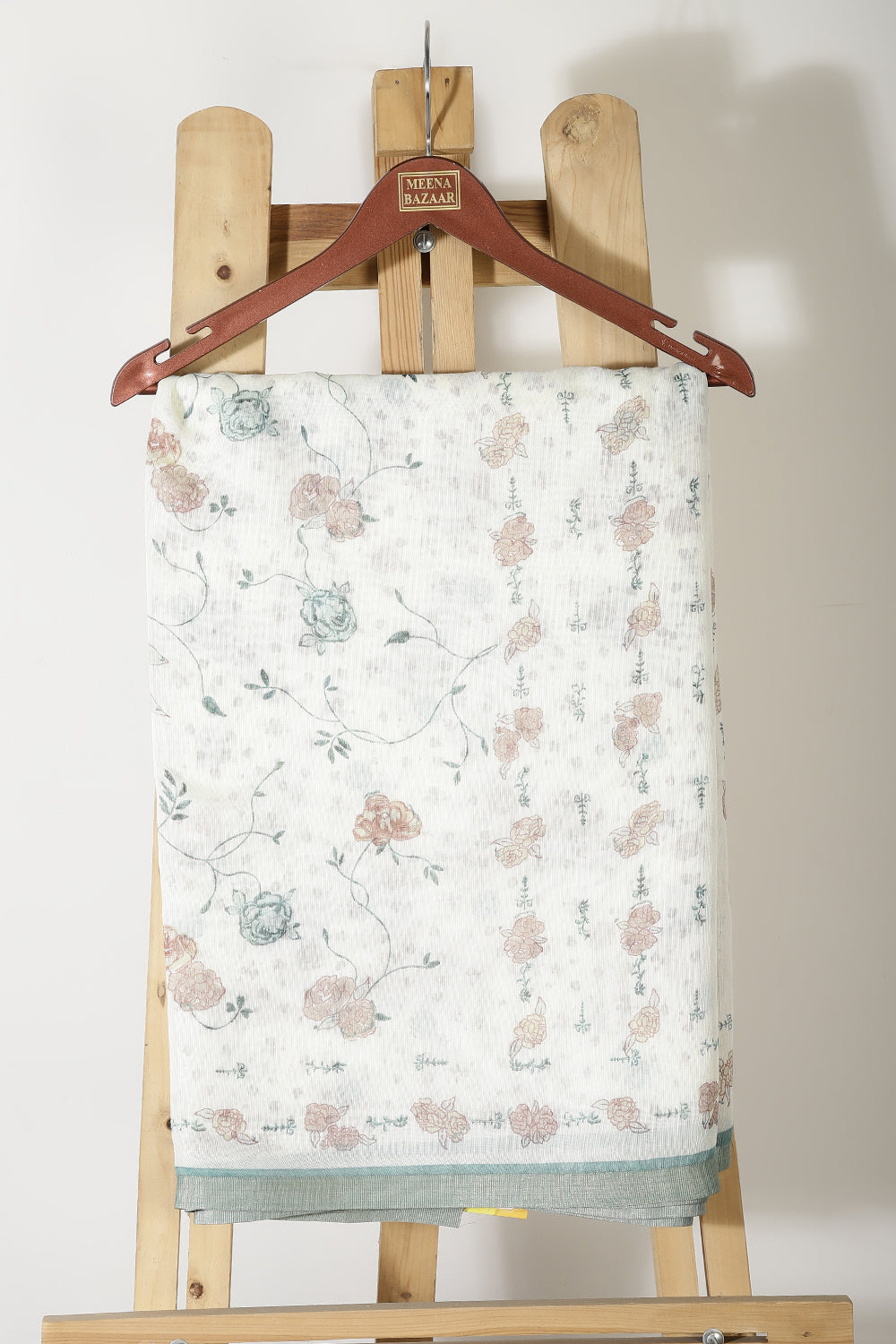 Cream & Teal Color Floral Printed Organza Cotton Saree