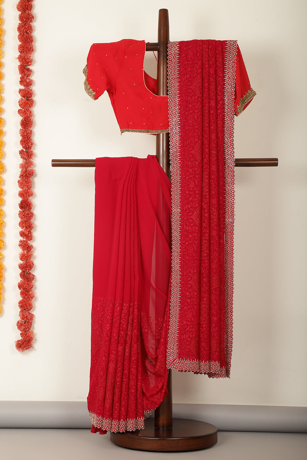 Valentine Red Georgette Resham Floral Jal Woven And Swarovski Work Saree