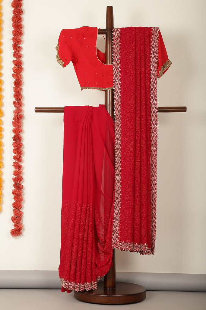 Valentine Red Georgette Resham Floral Jal Woven And Swarovski Work Saree