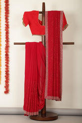 Valentine Red Georgette Resham Floral Jal Woven And Swarovski Work Saree