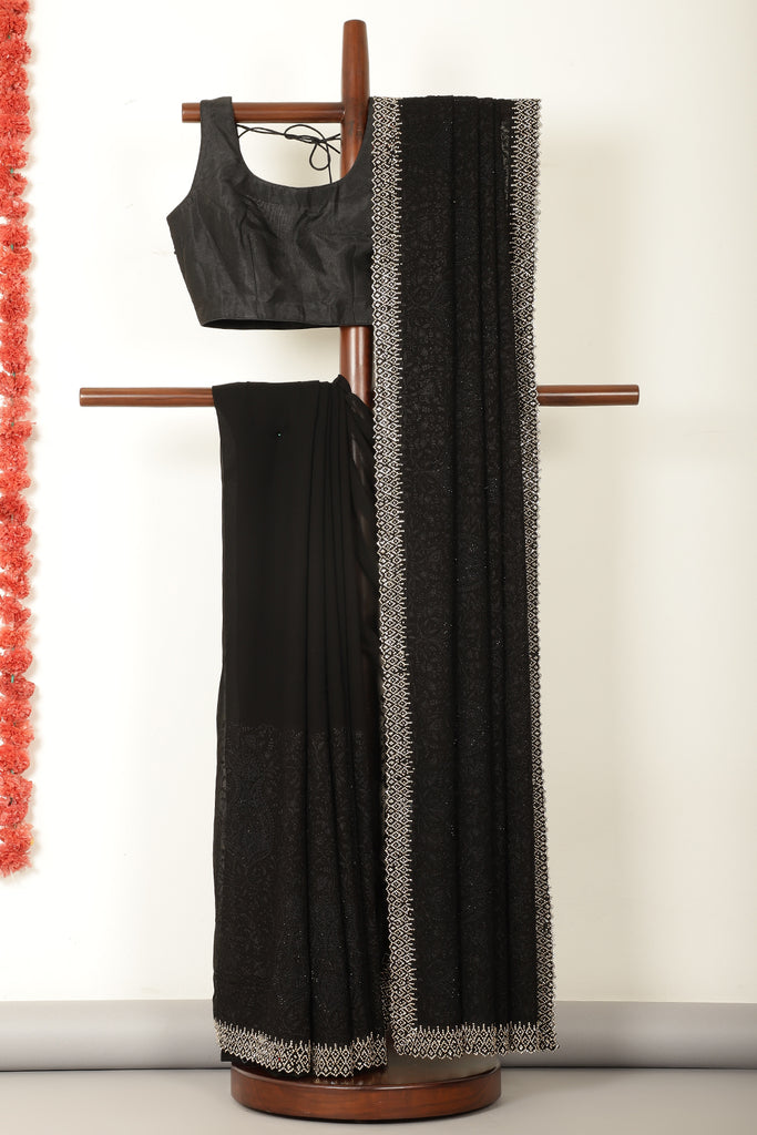 Black Georgette Resham Floral Jal Woven And Swarovski Work Saree