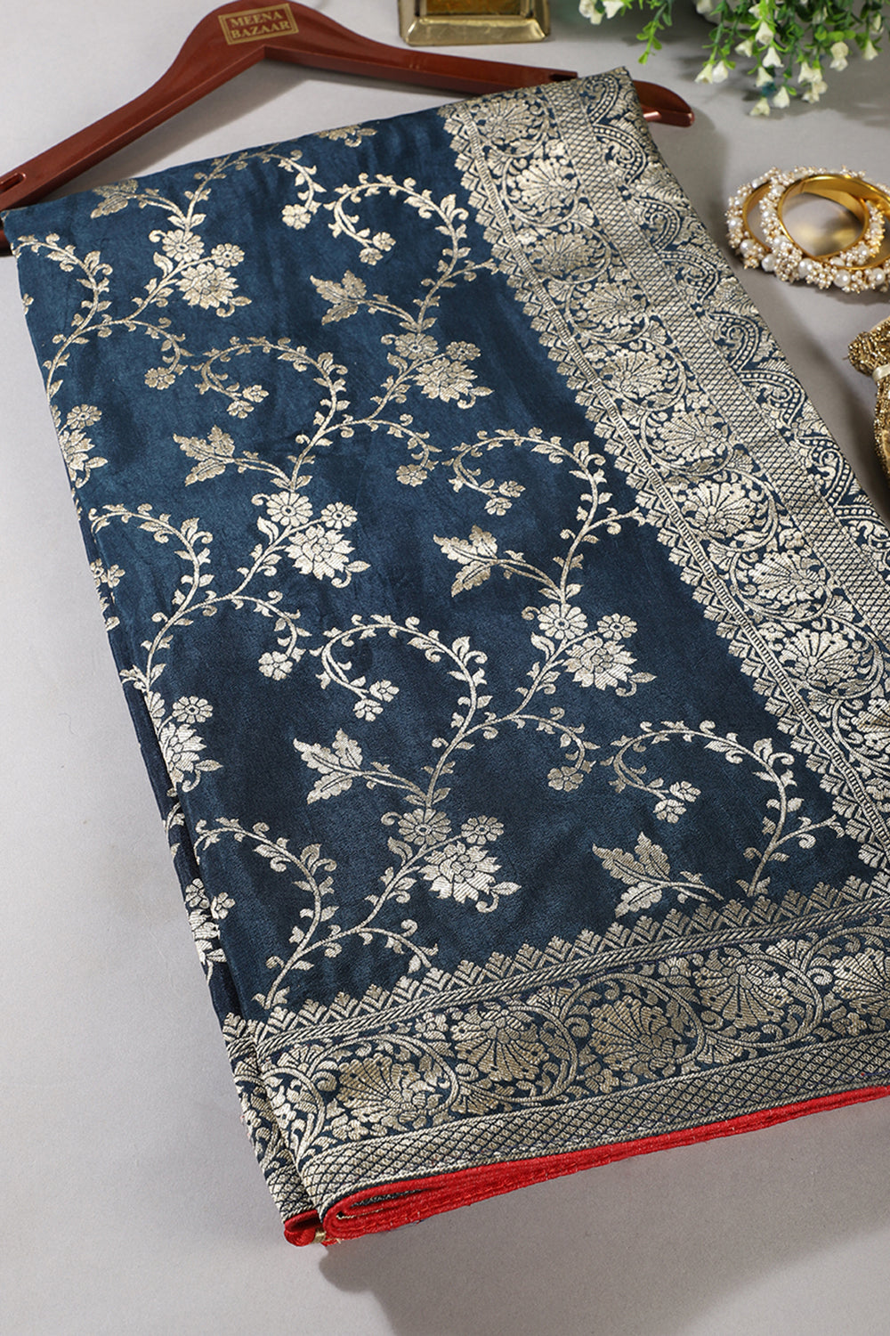 Navy Banarasi Silk Zari Floral Zaal Woven Saree