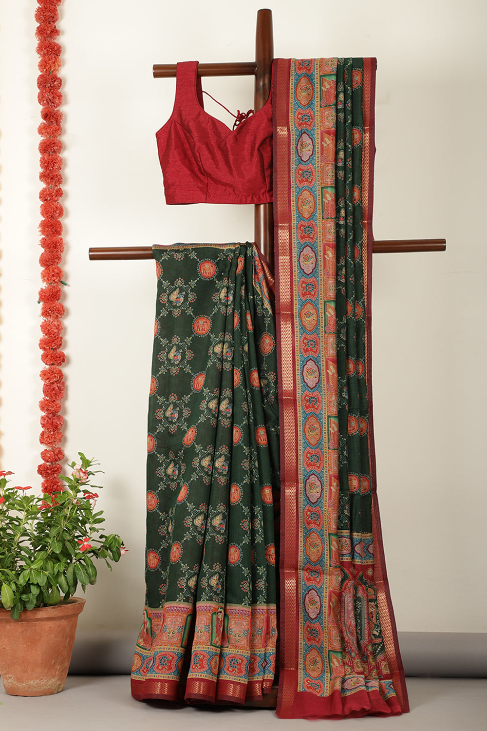 Bottle Green Cotton Kalamkari Printed Saree