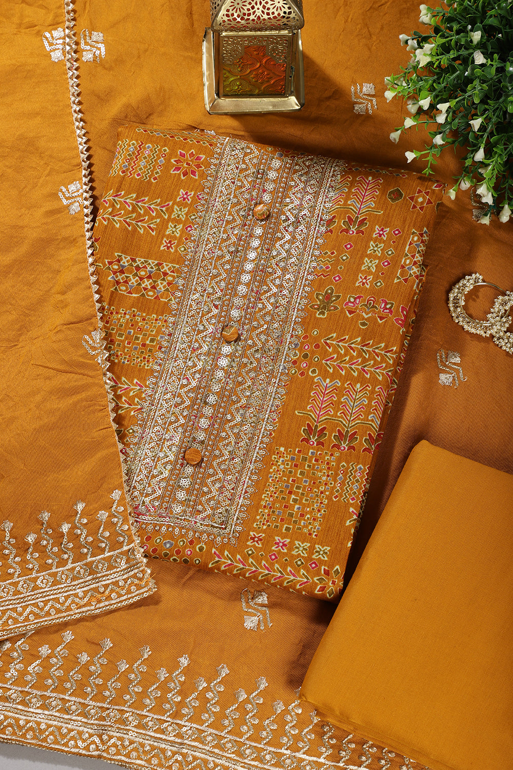Mustard Digital Printed & Neck Embroidered Cotton Unstitched Suit