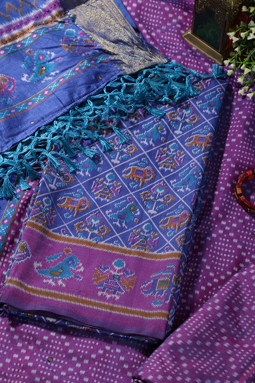 Royal Blue & Purple Crepe Silk Woven Embroidered Unstitched Suit Fabric