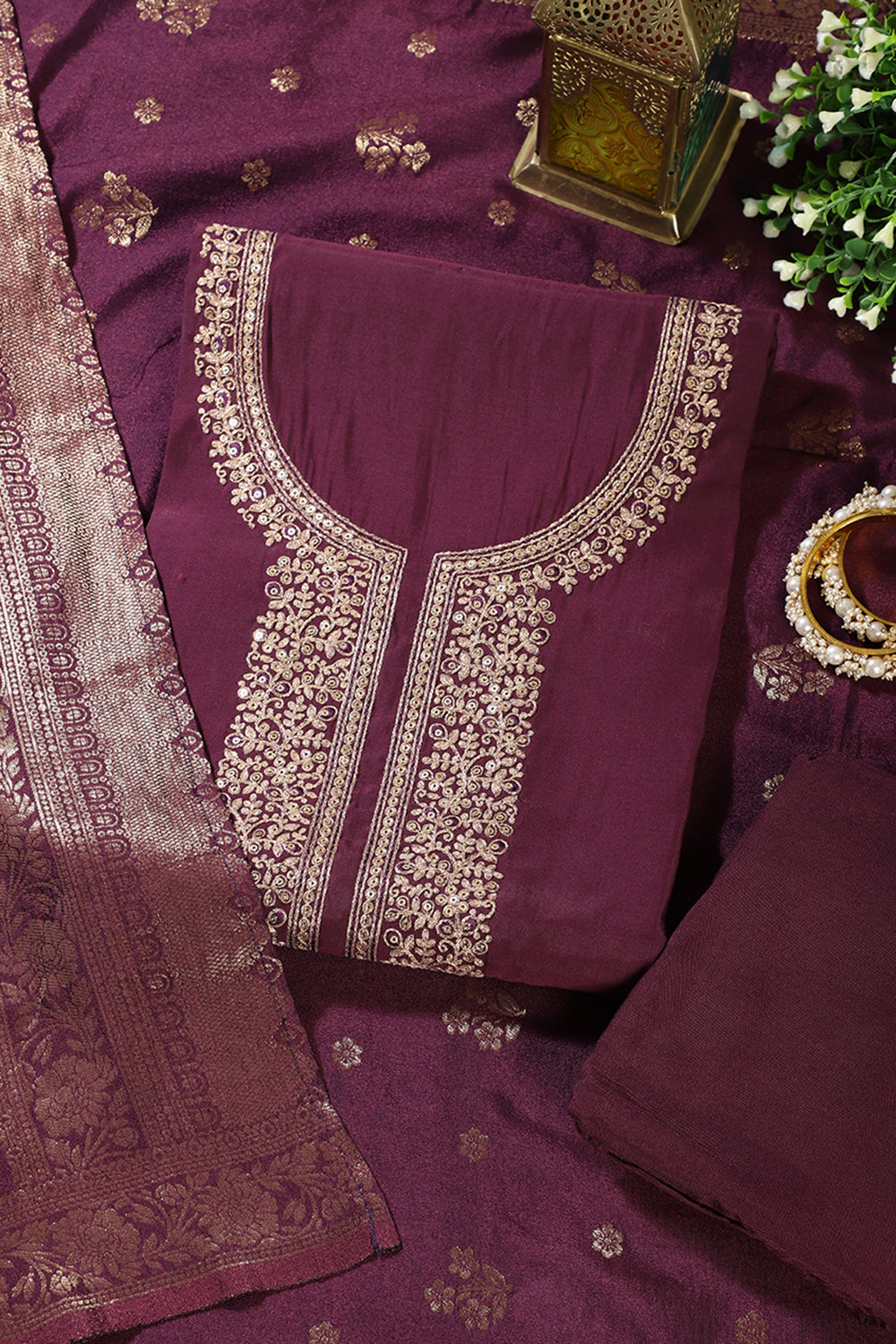 Wine Silk Neck Zari Embroidered Unstitched Suit Material