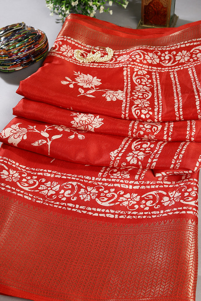 Red Color Cotton Silk Block Printed Saree