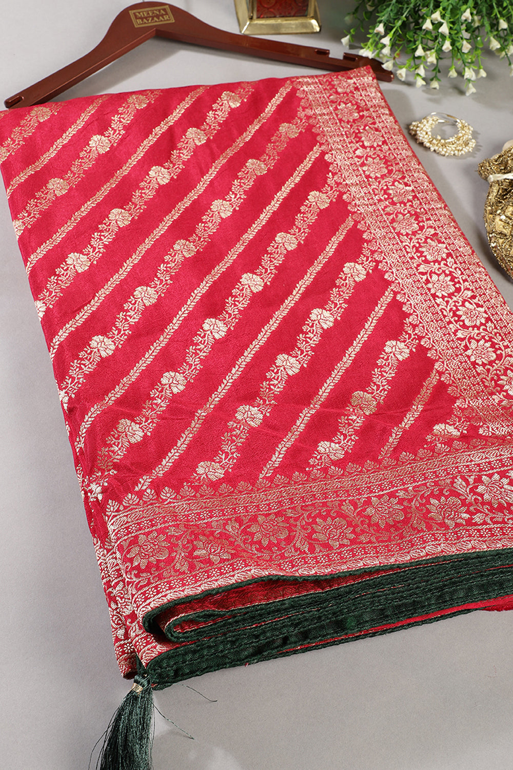 Rani Color Banarasi Woven Tussar Silk Saree