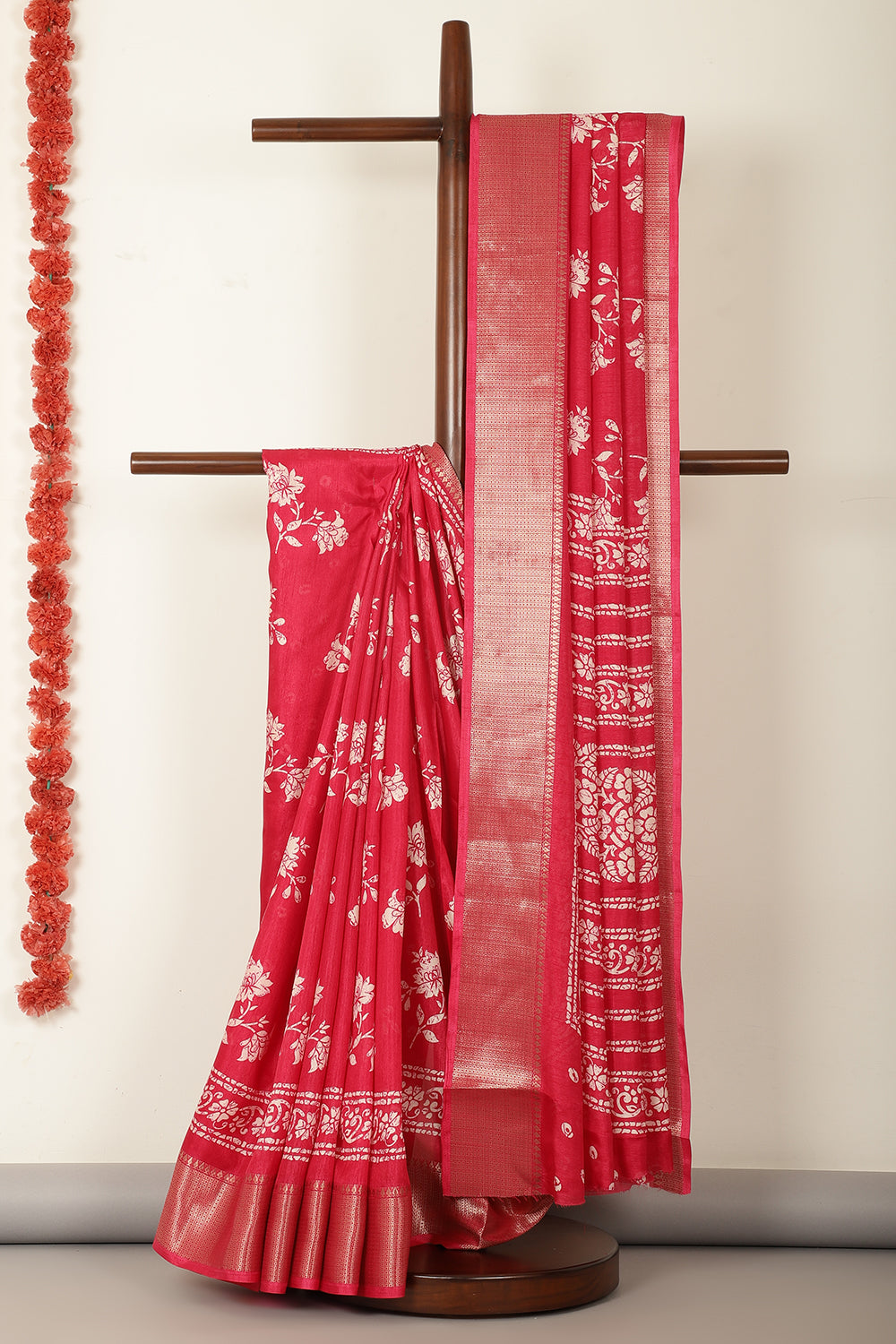 Amaranth Color Cotton Silk Block Printed Saree