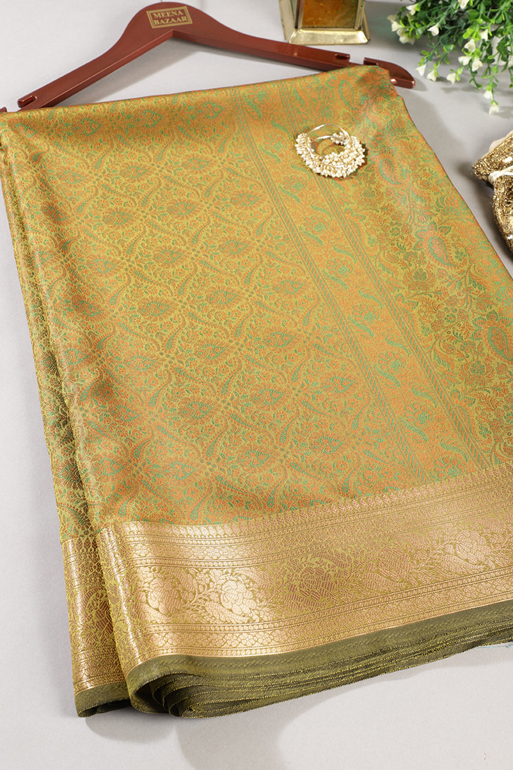 Olive Green Silk Floral and Paisley Resham & Zari Woven Saree