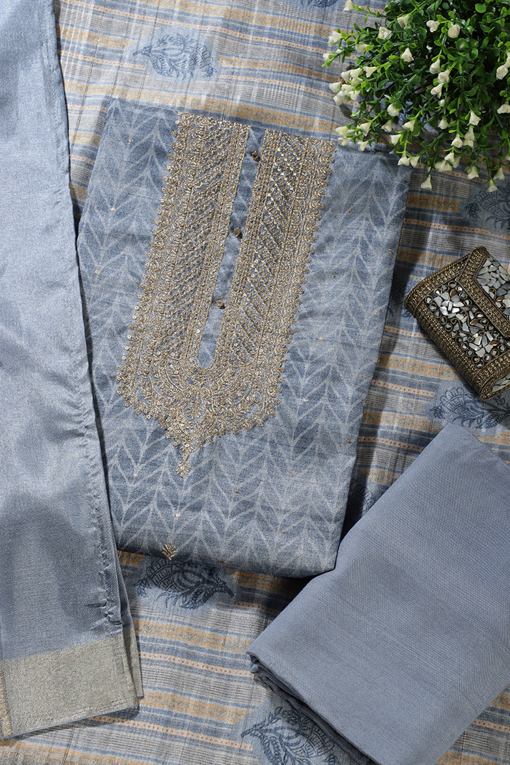 Blue Tussar Silk Neck Zari Embroidered & Printed Unstitched Suit Fabric