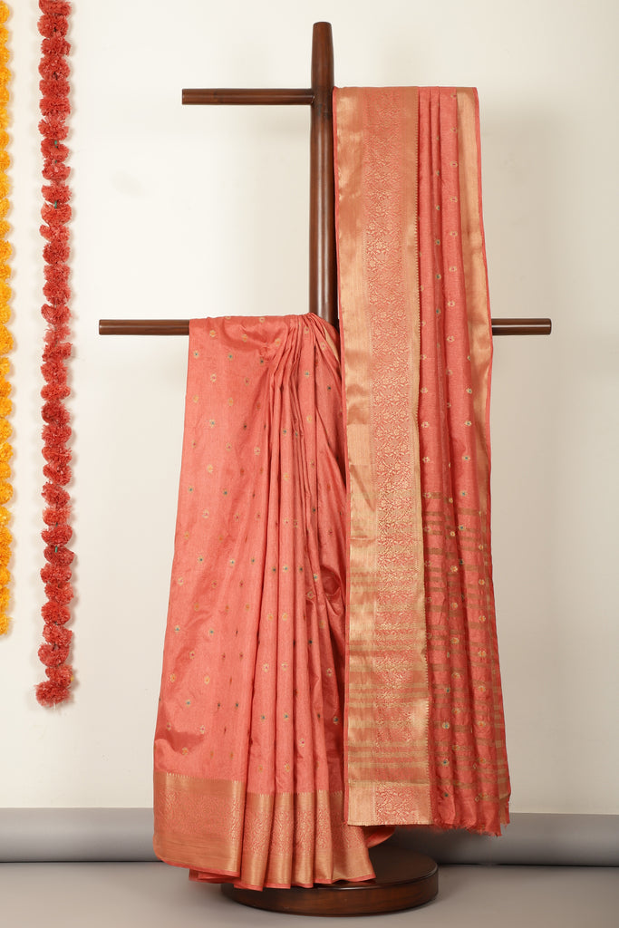 Peach Cotton Zari & Resham Woven Saree