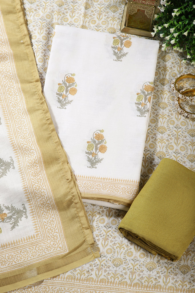 Cream & Olive Green Color Cotton Printed Unstitched Suit Material
