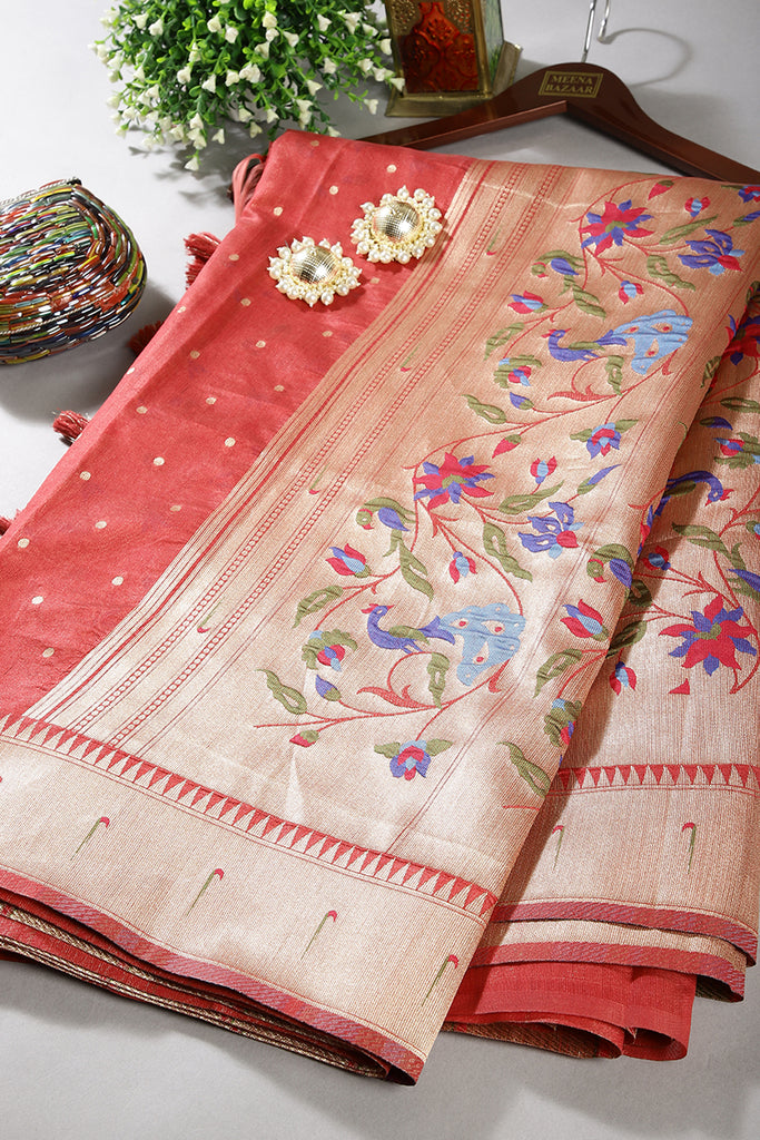 Maroon Color Cotton Silk Paithani Work Saree