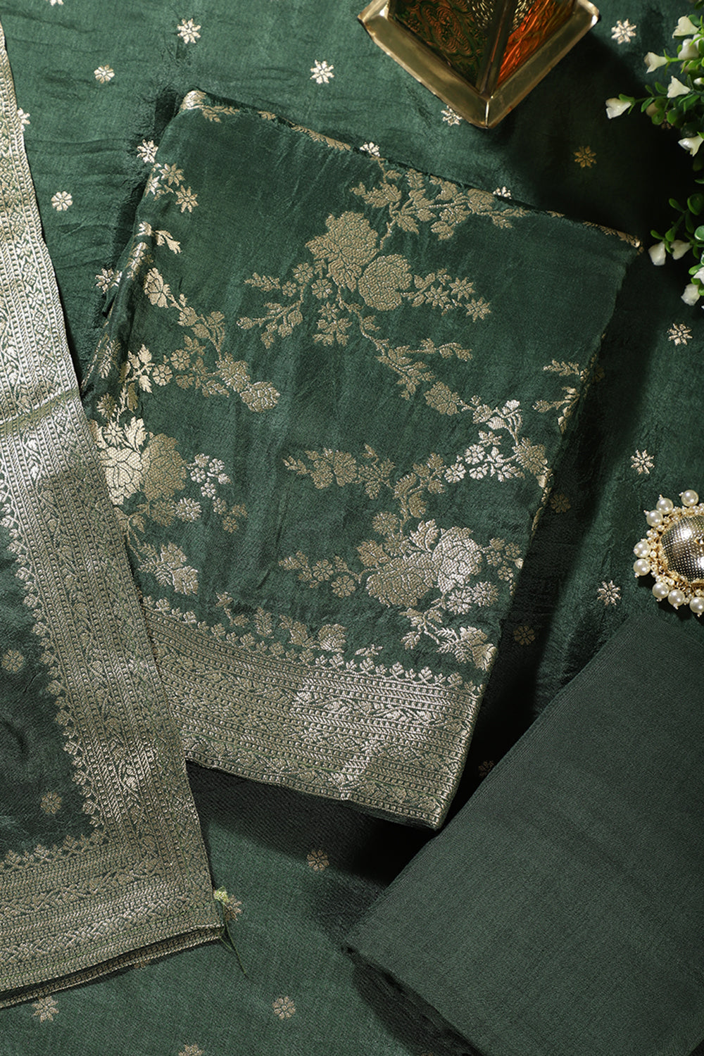 Bottle Green Banarsi Floral Woven Silk Unstitched Suit Fabric