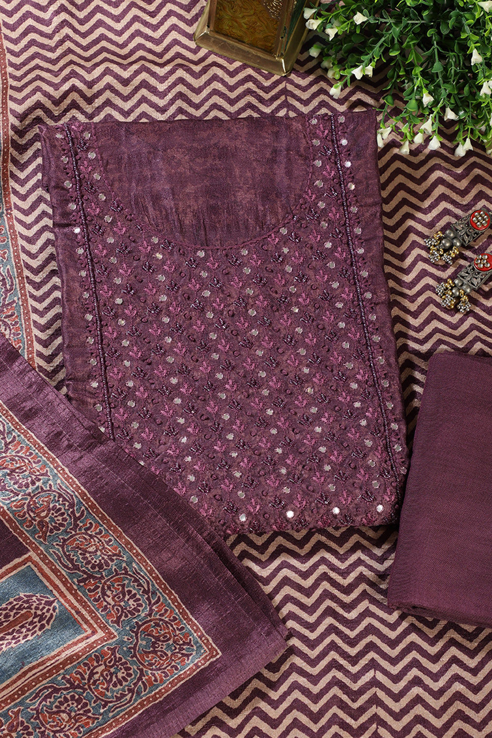 Wine Tissue Silk Mirror & Resham work Unstitched Suit Material