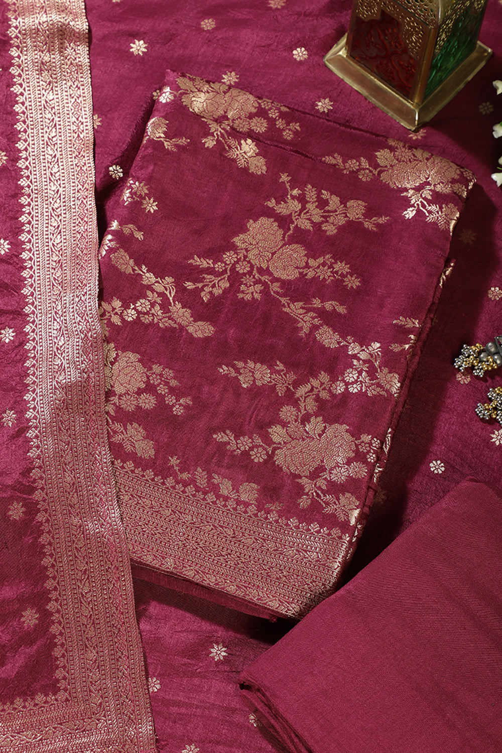 Wine Banarsi Floral Woven Silk Unstitched Suit Fabric