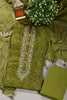 Olive Green Cotton Neck Zardozi Embroidered & Shibori Printed Unstitched Suit Fabric