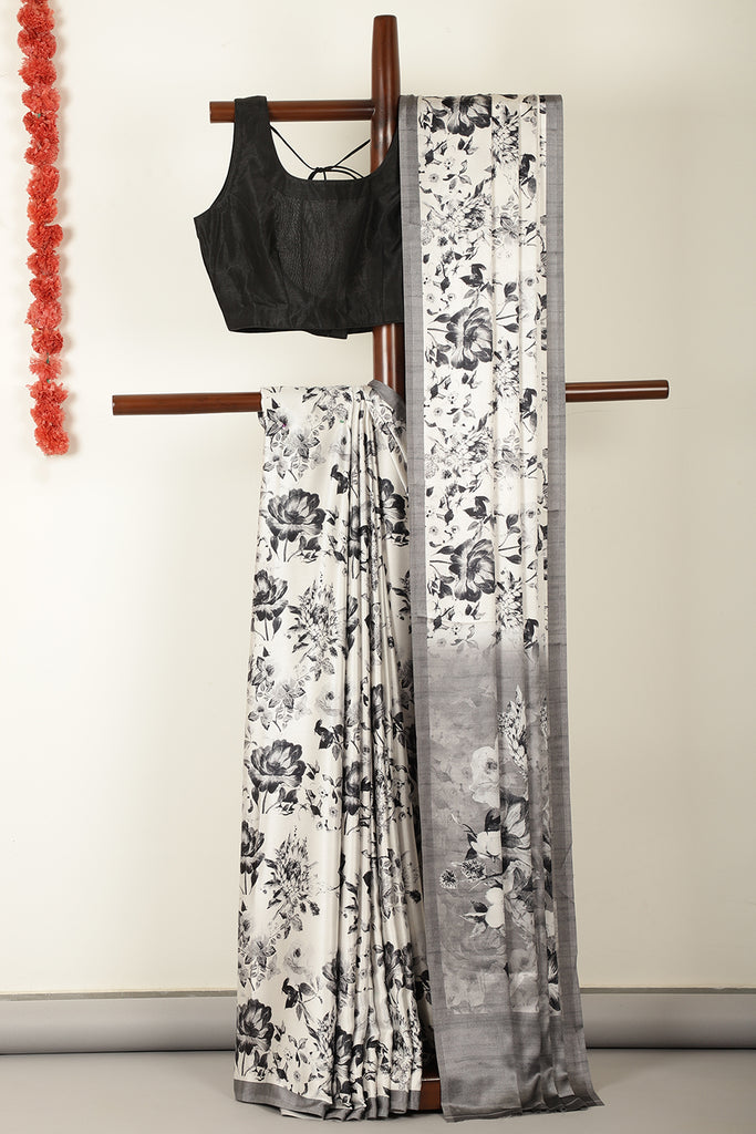 Black & White Floral Printed Crepe Silk Saree