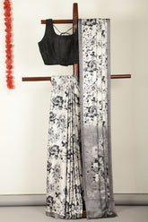 Black & White Floral Printed Crepe Silk Saree
