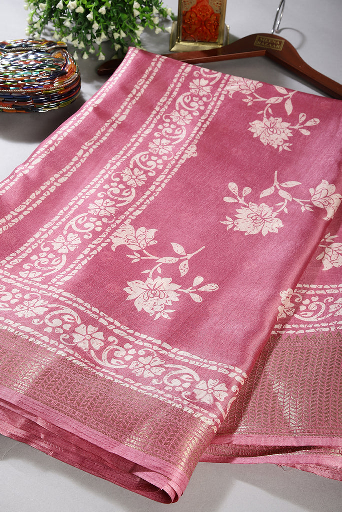 Muted Pink Color Cotton Silk Block Printed Saree