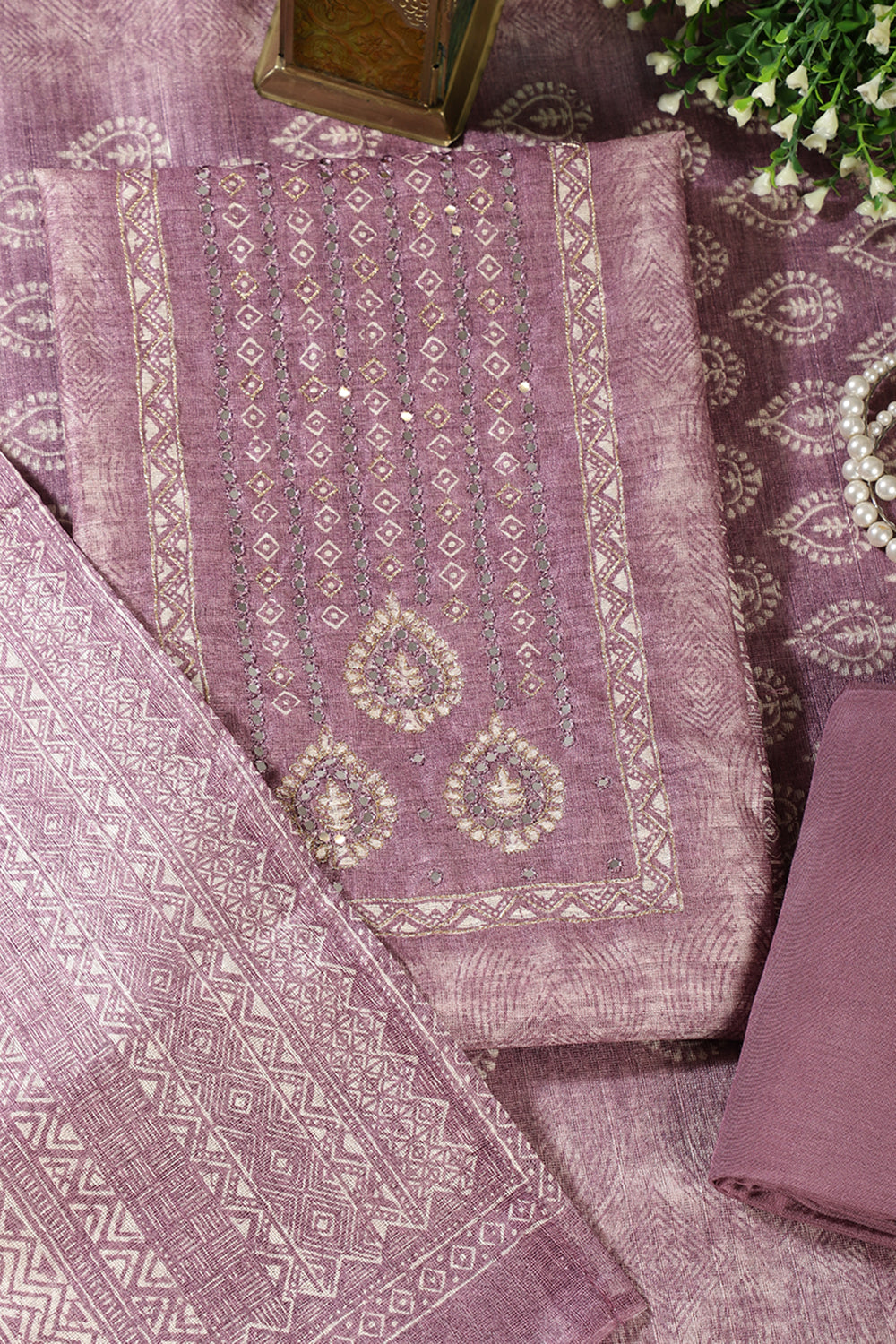 Lavender Chanderi Silk Mirror Worked Unstitched Suit Material