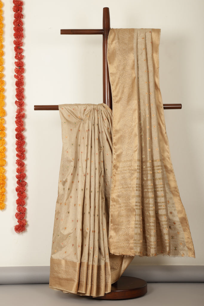 Beige Cotton Zari & Resham Woven Saree