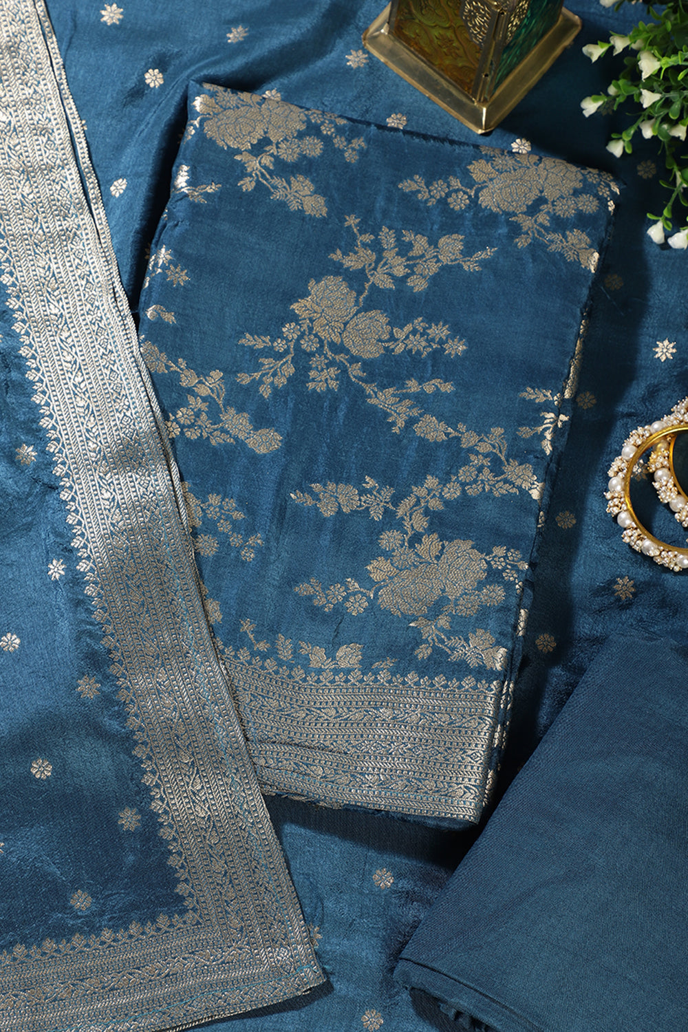 Royal Blue Banarsi Floral Woven Silk Unstitched Suit Fabric