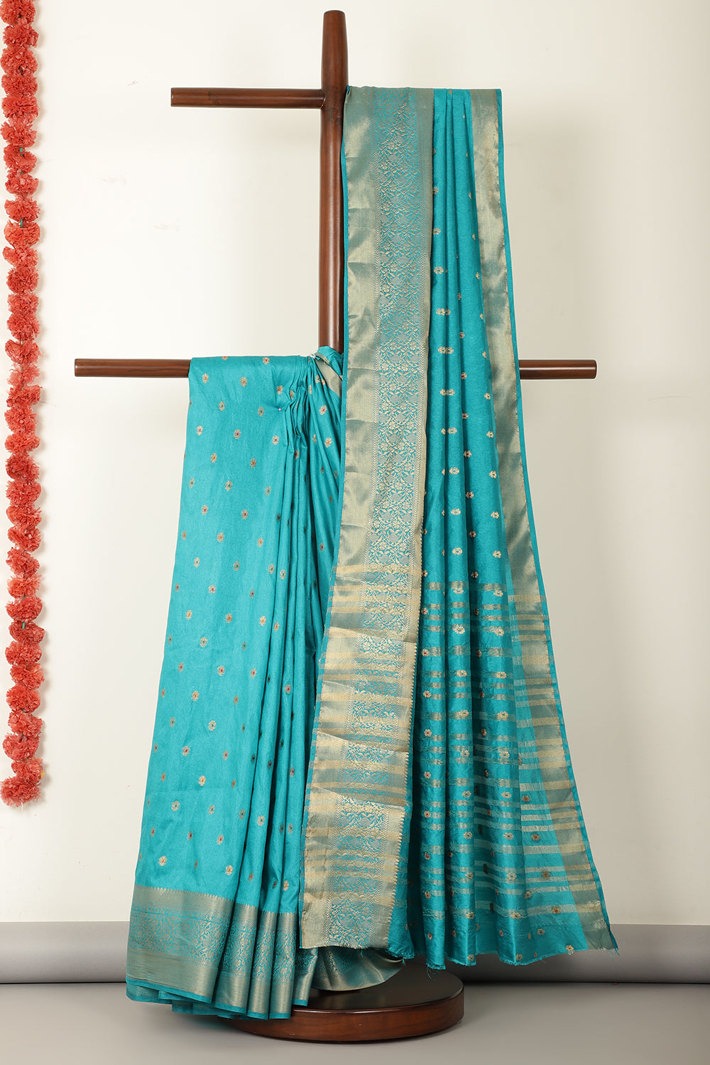Dark Turquoise Cotton Zari & Resham Woven Saree