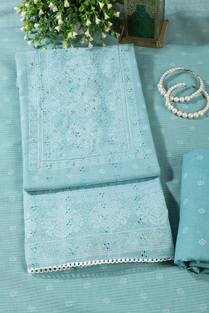 Turquoise Color Resham & Mirror Embroidered Cotton Unstitched Suit Fabric