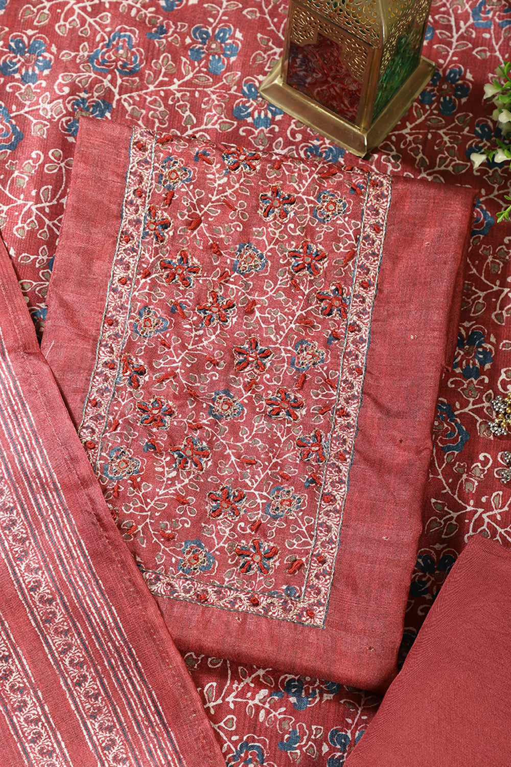 Maroon Chanderi Silk Mirror & Resham worked Unstitched Suit