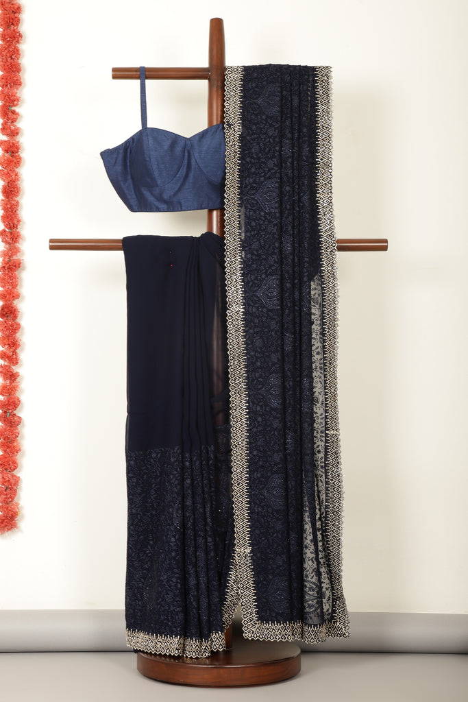 Navy Georgette Resham Floral Jal Woven And Swarovski Work Saree