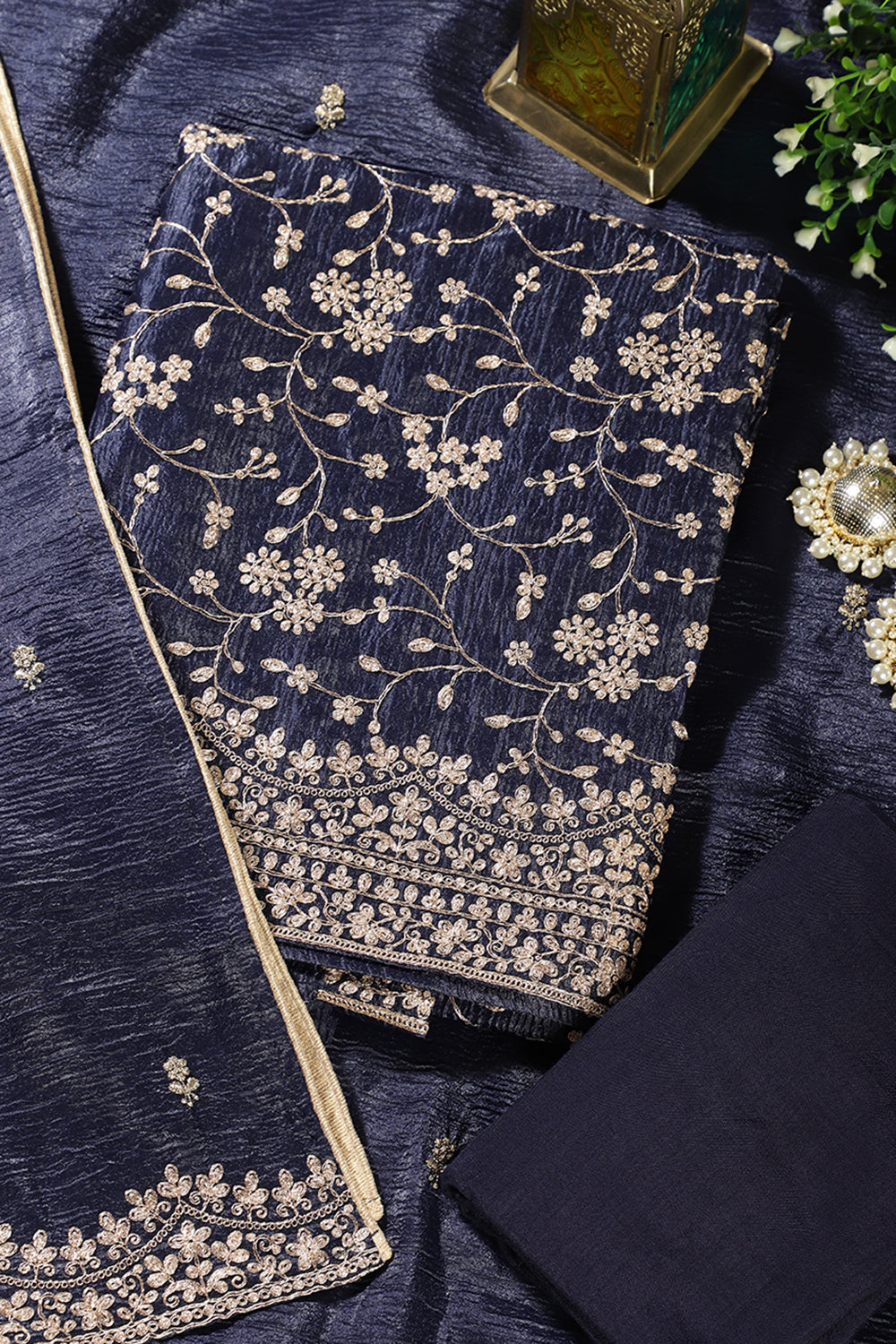 Navy Tissue Silk Zari Embroidered Unstitched Suit Material