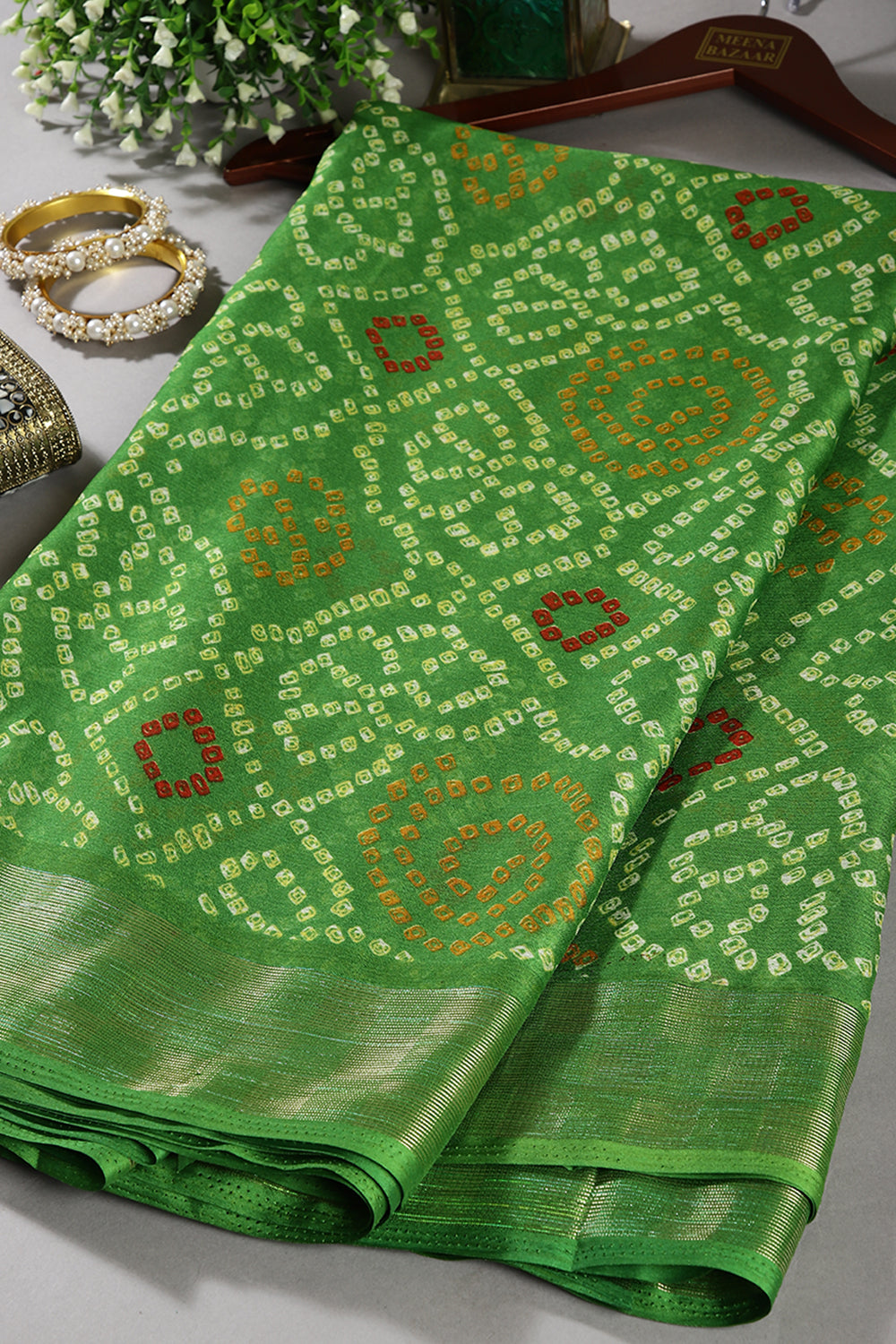 Muted Green Color Chiffon Bandhani Printed Saree