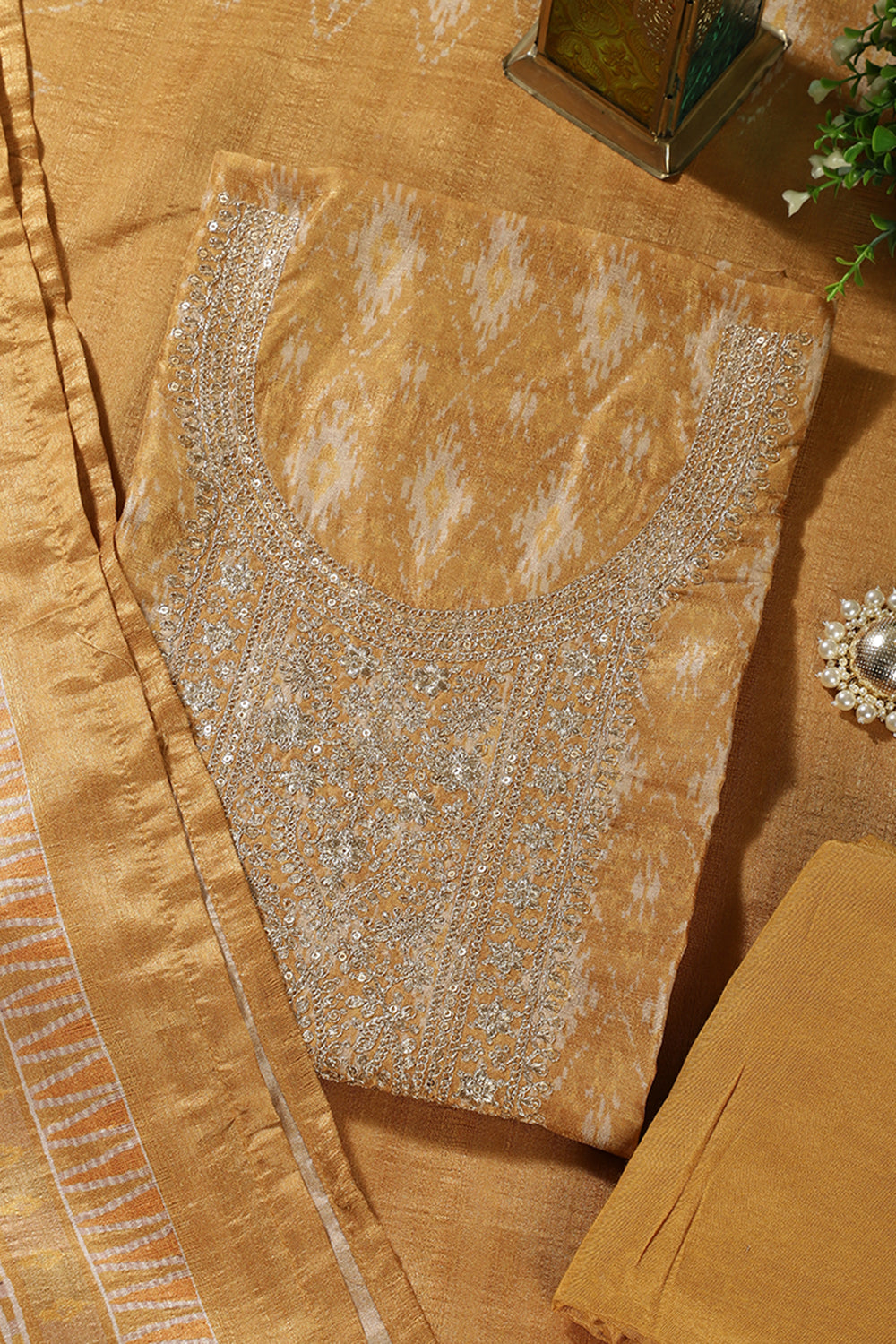 Mustard Chanderi Silk Neck Embroidered Unstitched Suit Material