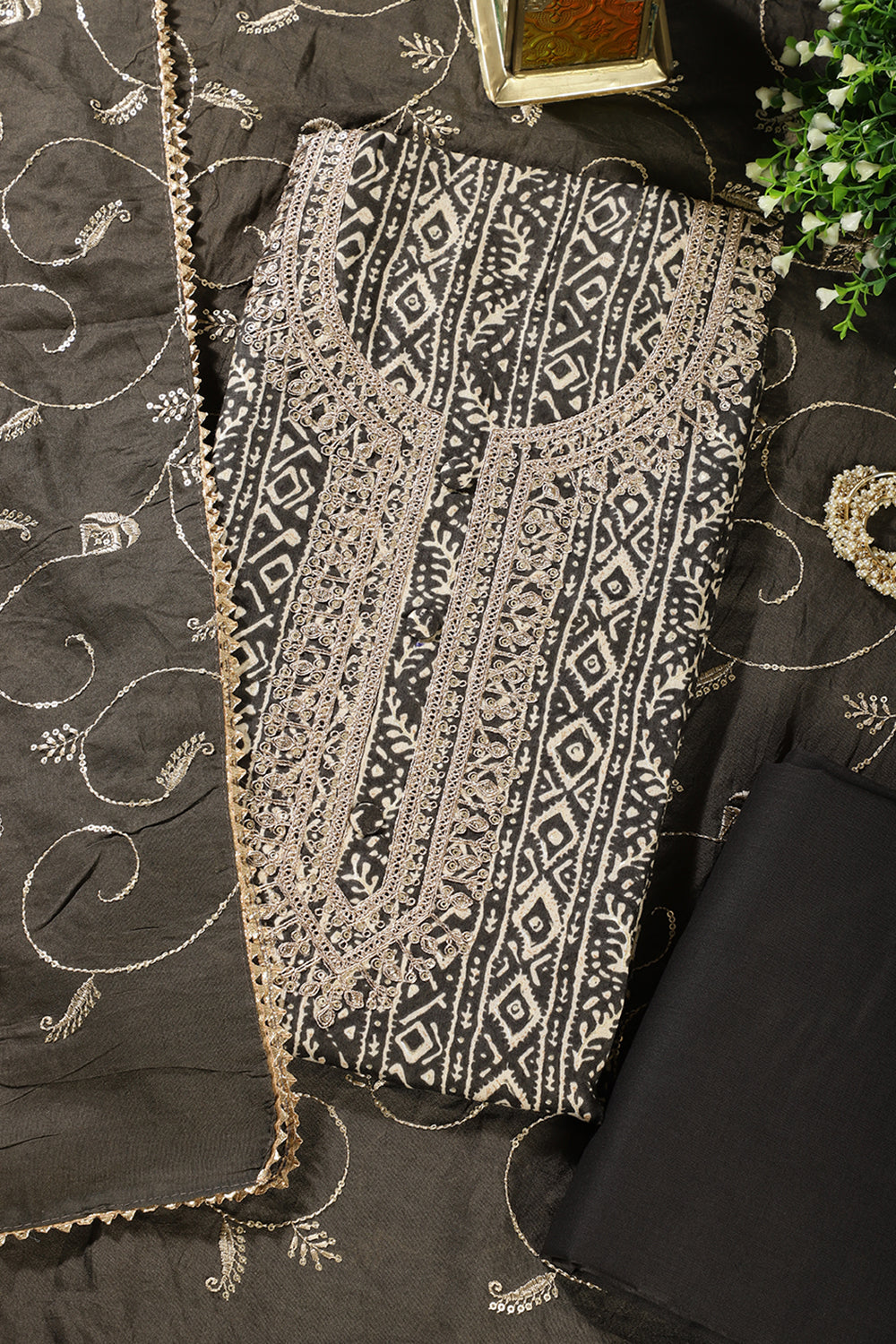 Grey Cotton Digital Printed & Neck Embroidered Unstitched Suit