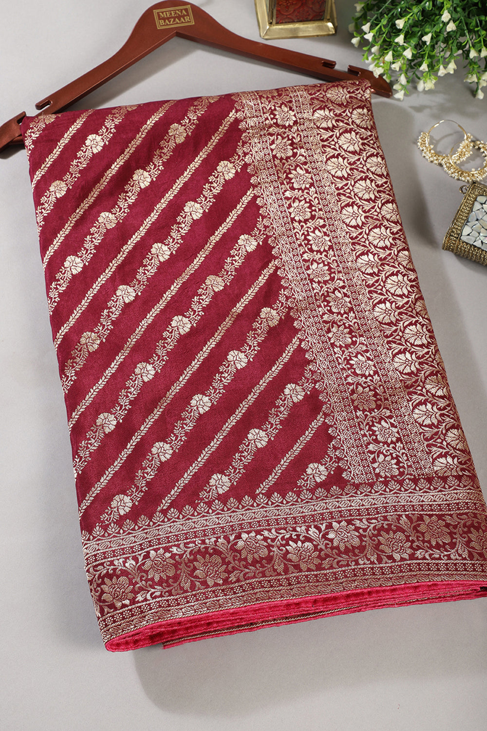 Wine Color Banarasi Woven Tussar Silk Saree