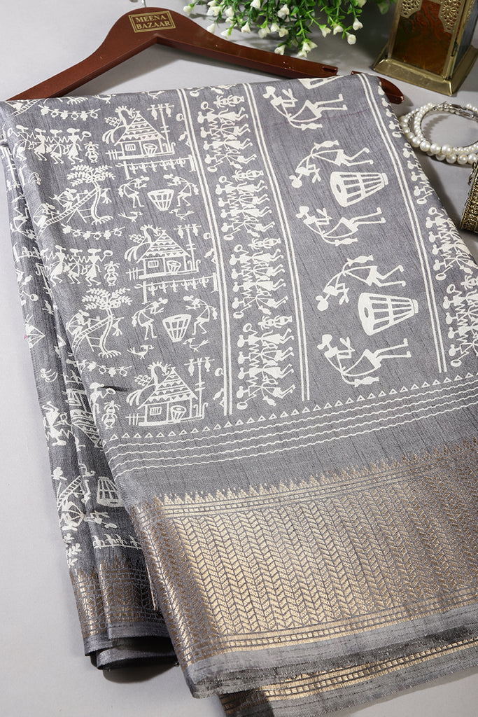 Grey Color Cotton Silk Printed Saree