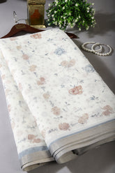 Cream & Grey Color Floral Printed Organza Cotton Saree