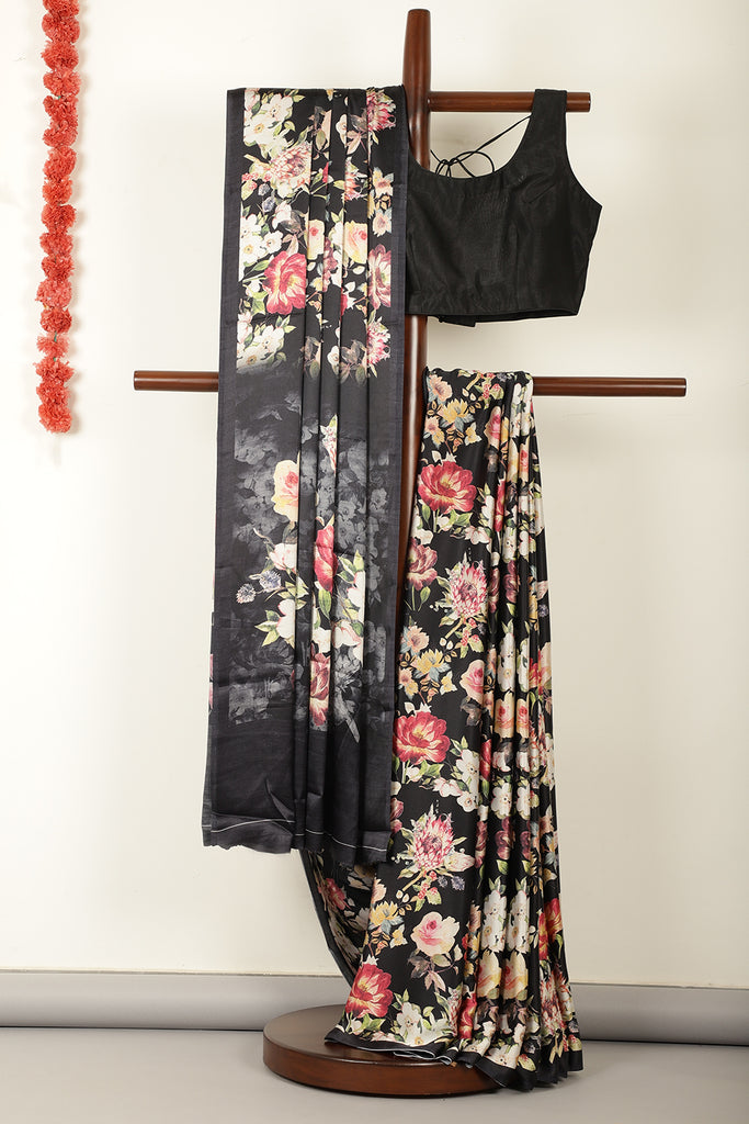 Black Floral Printed Crepe Silk Saree