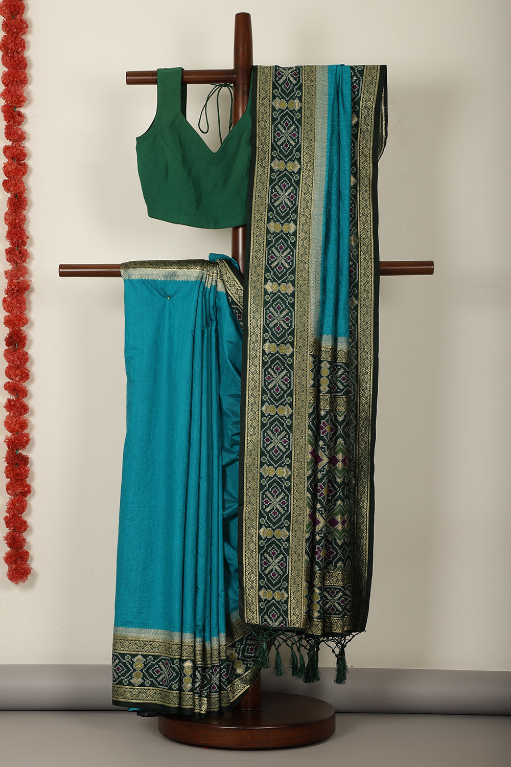 Turquoise  & Green Dual Toned Tussar Silk Patola Woven Saree