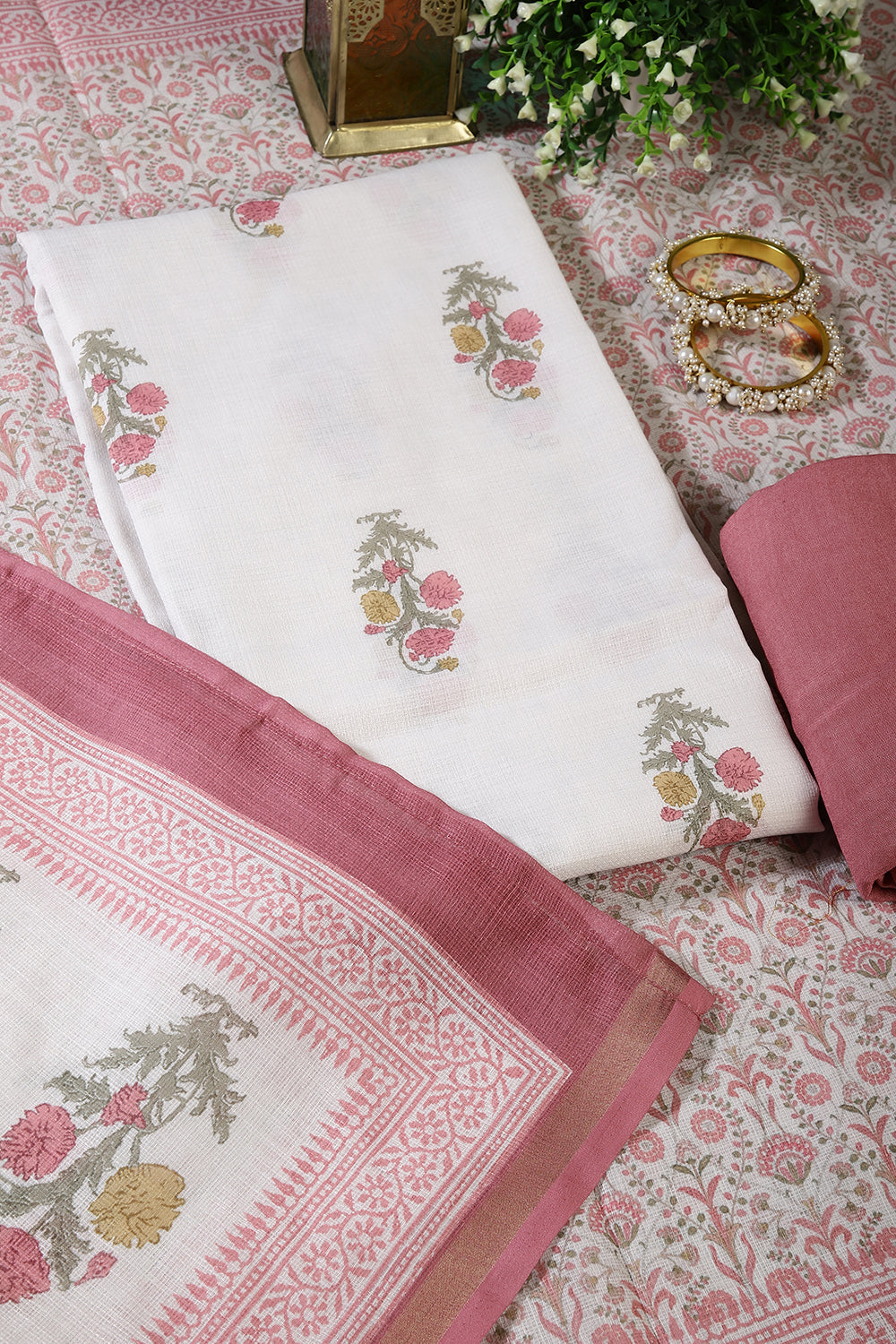 Cream & Dark Mauve Color Cotton Printed Unstitched Suit Material